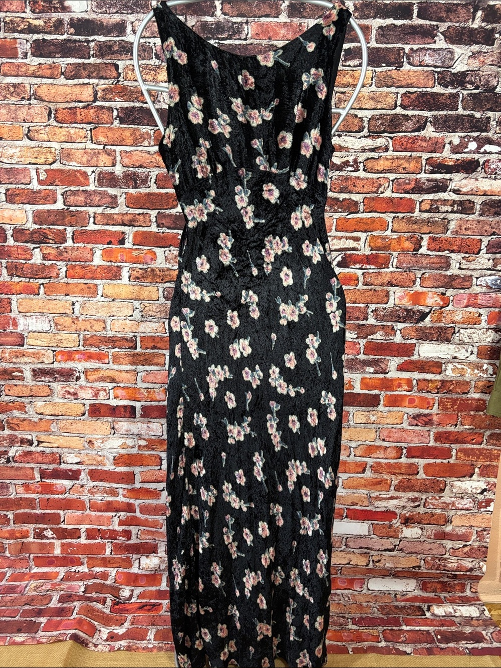 90’s Nostalgia Crushed Velvet Black Maxi Dress Peachy Pink Floral Print Small
